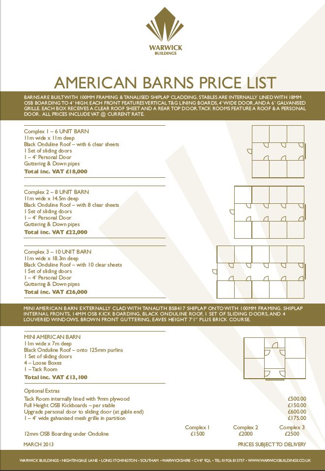 Warwick Stables Prices All inclusive of VAT